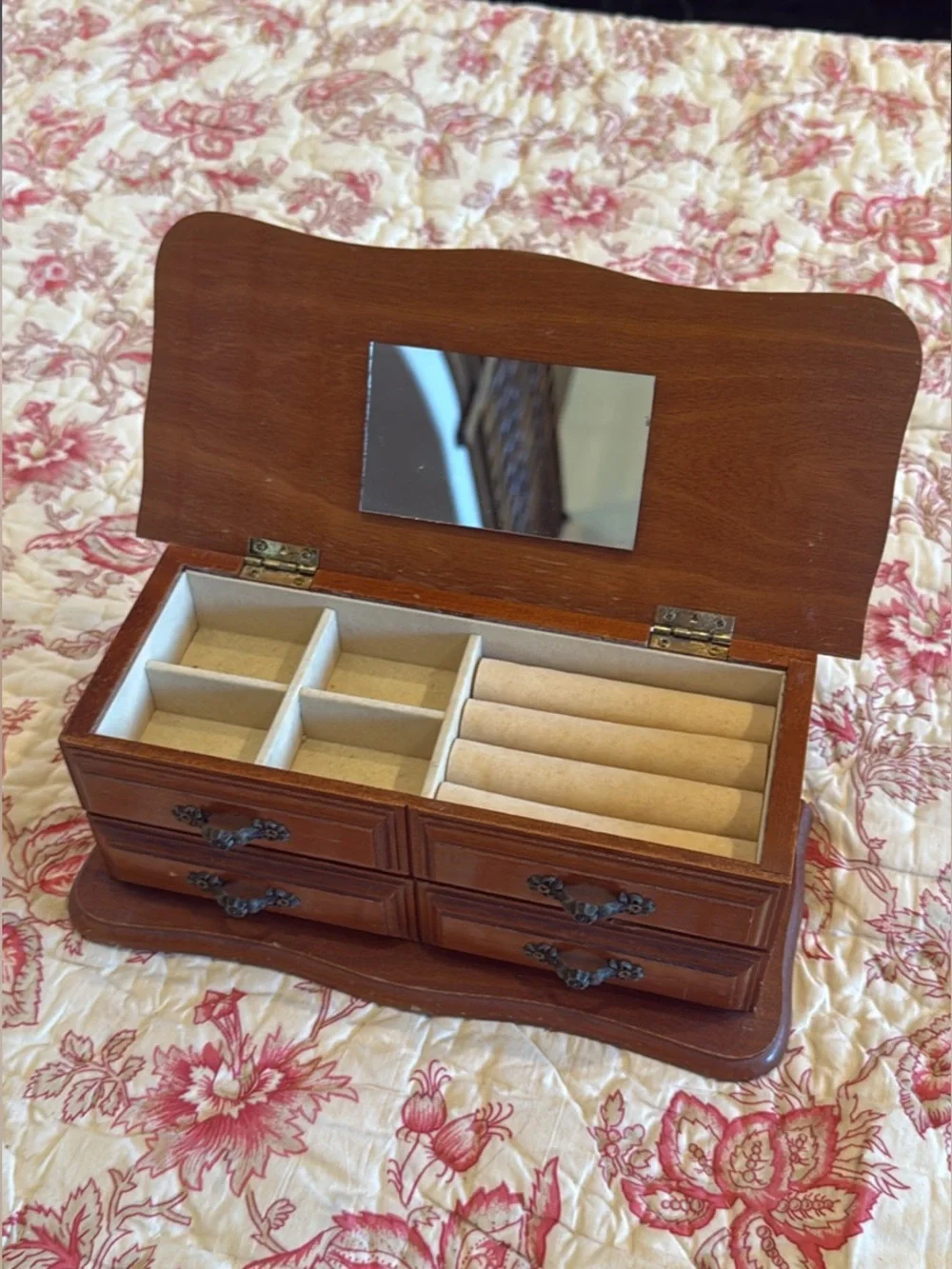 Vintage Wooden Four-Drawer Jewelry Box with Ornate Handles Brown
